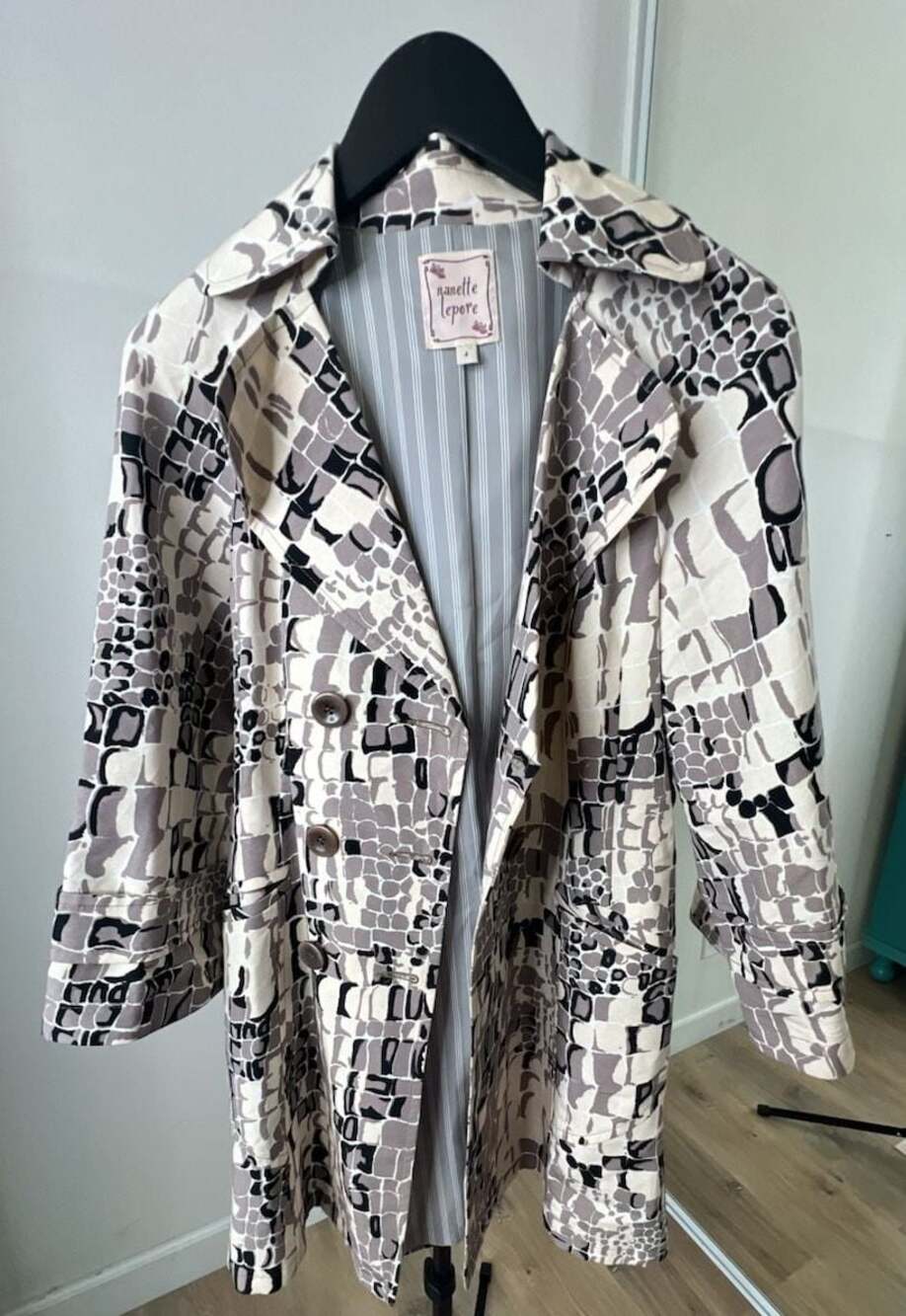 Nanette Lepore Black White Patterned Lined Trench Coat Size 4
